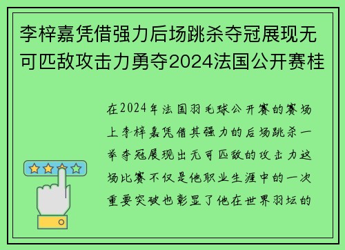 李梓嘉凭借强力后场跳杀夺冠展现无可匹敌攻击力勇夺2024法国公开赛桂冠