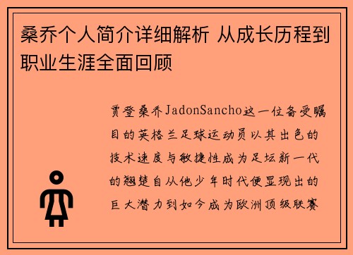 桑乔个人简介详细解析 从成长历程到职业生涯全面回顾